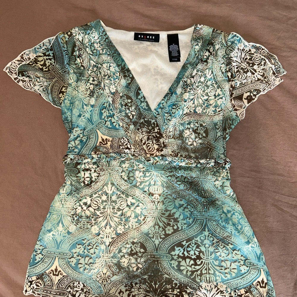 Elegant Blue and Brown Patterned Top